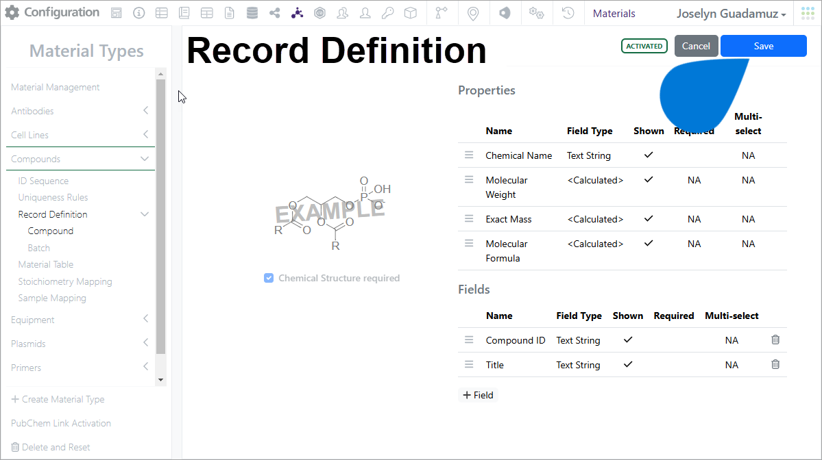 Signals Notebook Create a new Record Definition field for a Material